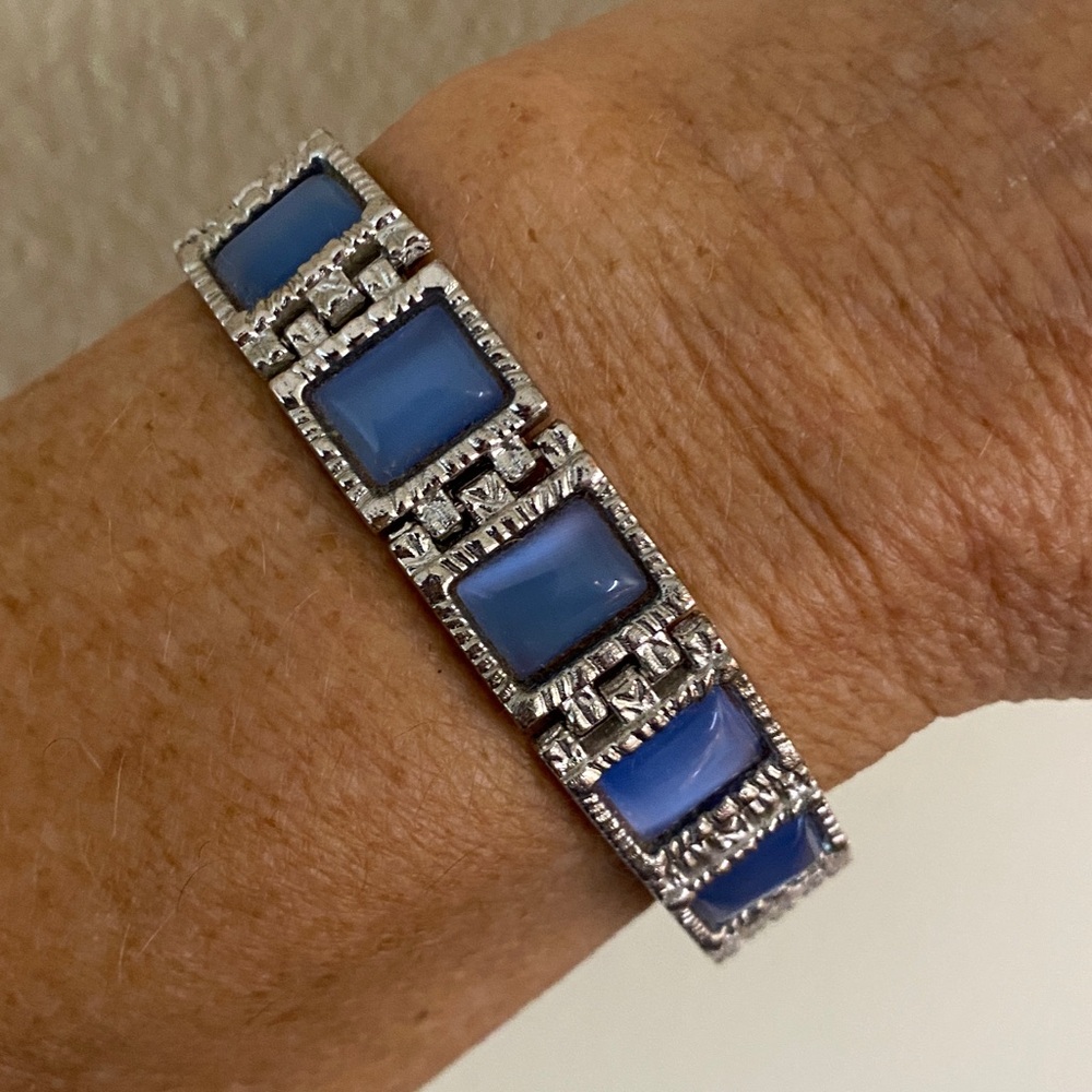 Vintage Silver Tone Blue Glass Link Bracelet | 7.5” | Mid-Century Style